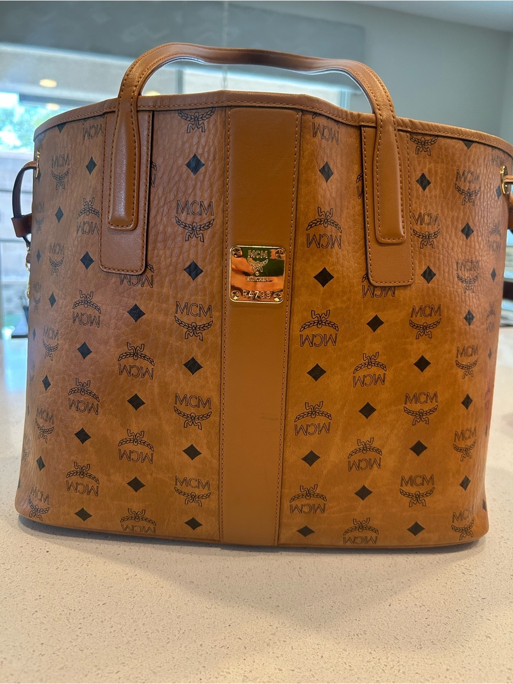 MCM Cognac Logo-Print Leather Tote with Gold Plaque